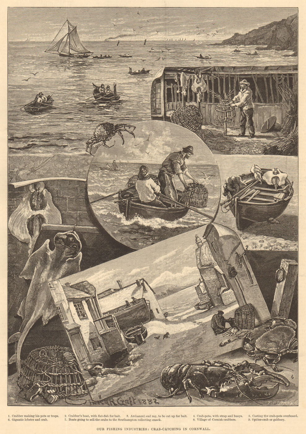 Our fishing industries: Crab-catching in Cornwall. Fishermen 1883 old print